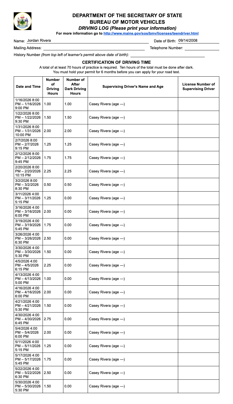 Sample Maine Maine DMV driving log export, illustrative data