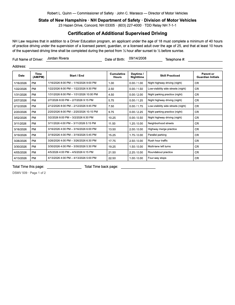 Sample New Hampshire New Hampshire DMV driving log export, illustrative data