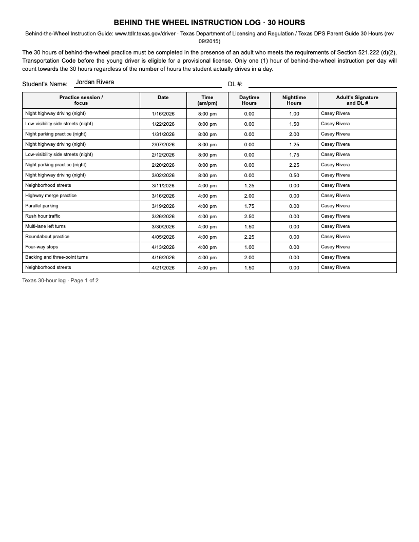 Sample Texas Texas (30-hour log) driving log export, illustrative data