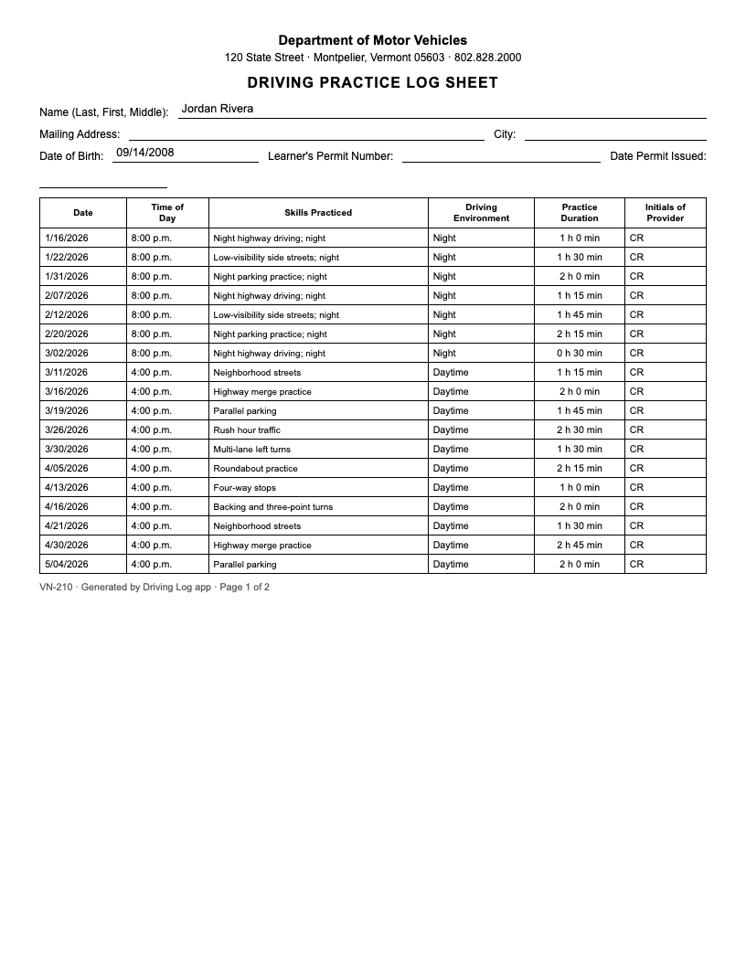 Sample Vermont Vermont DMV driving log export, illustrative data